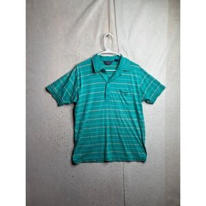 Nature Knit Manhattan Mens Large Teal Green Striped Short Sleeve Polo Shirt